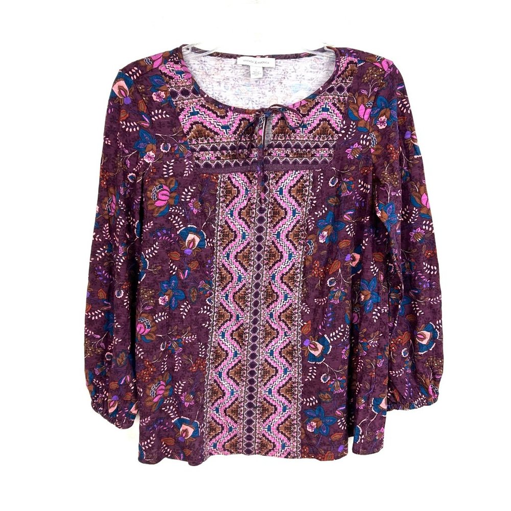 Vintage X America boho blouse Sz S knit peasant top tee purple floral pink print